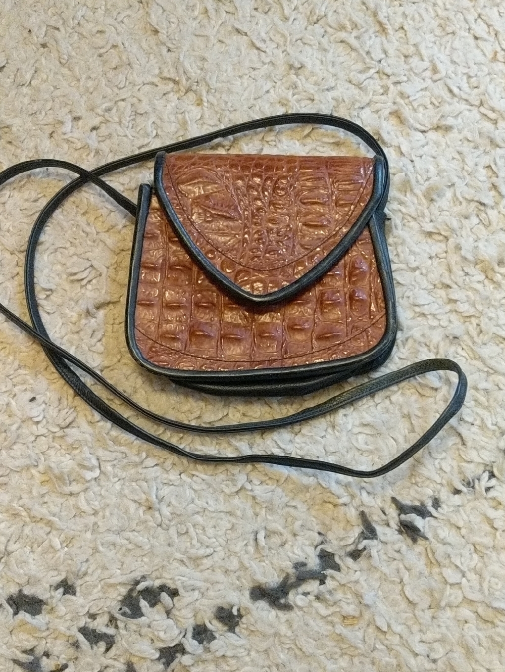 VTG Greg Roche Signed Handmade Leather Crossbody Bag Cognac Croc Black Trim